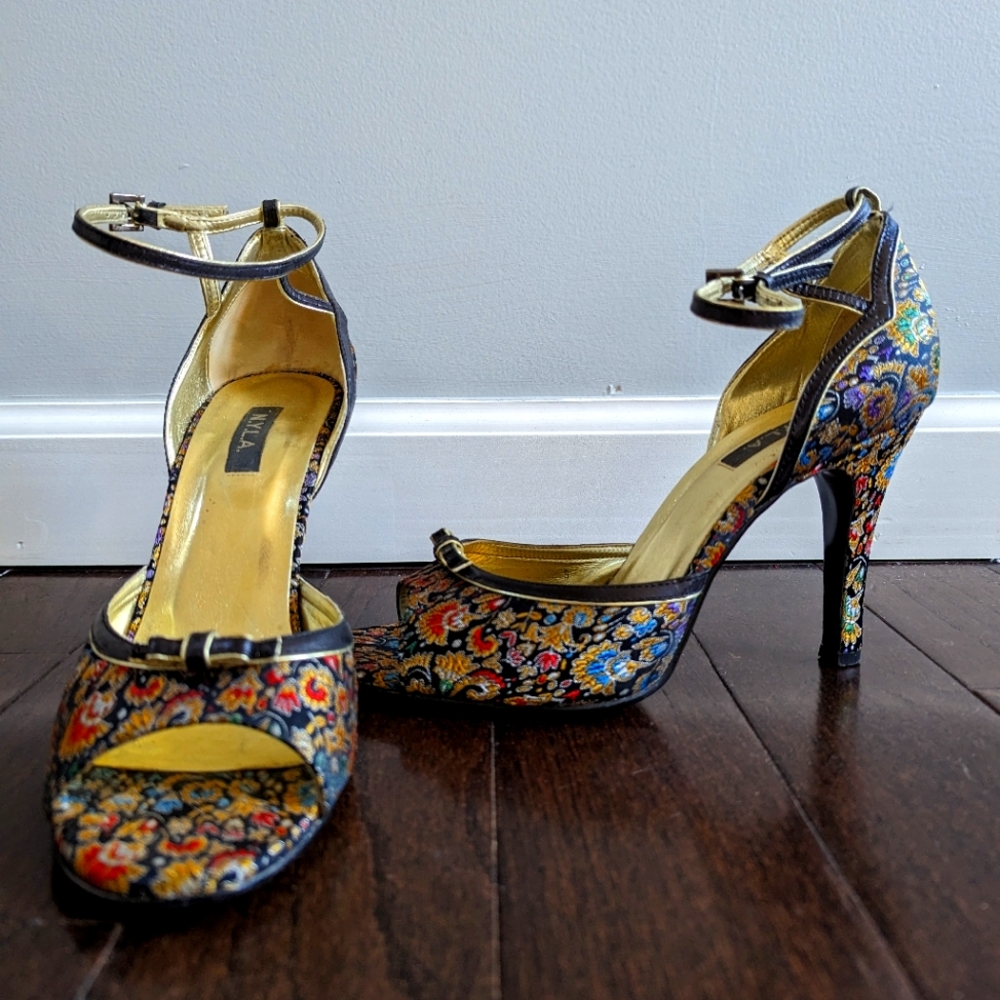 Brocade Ankle Strap Heels